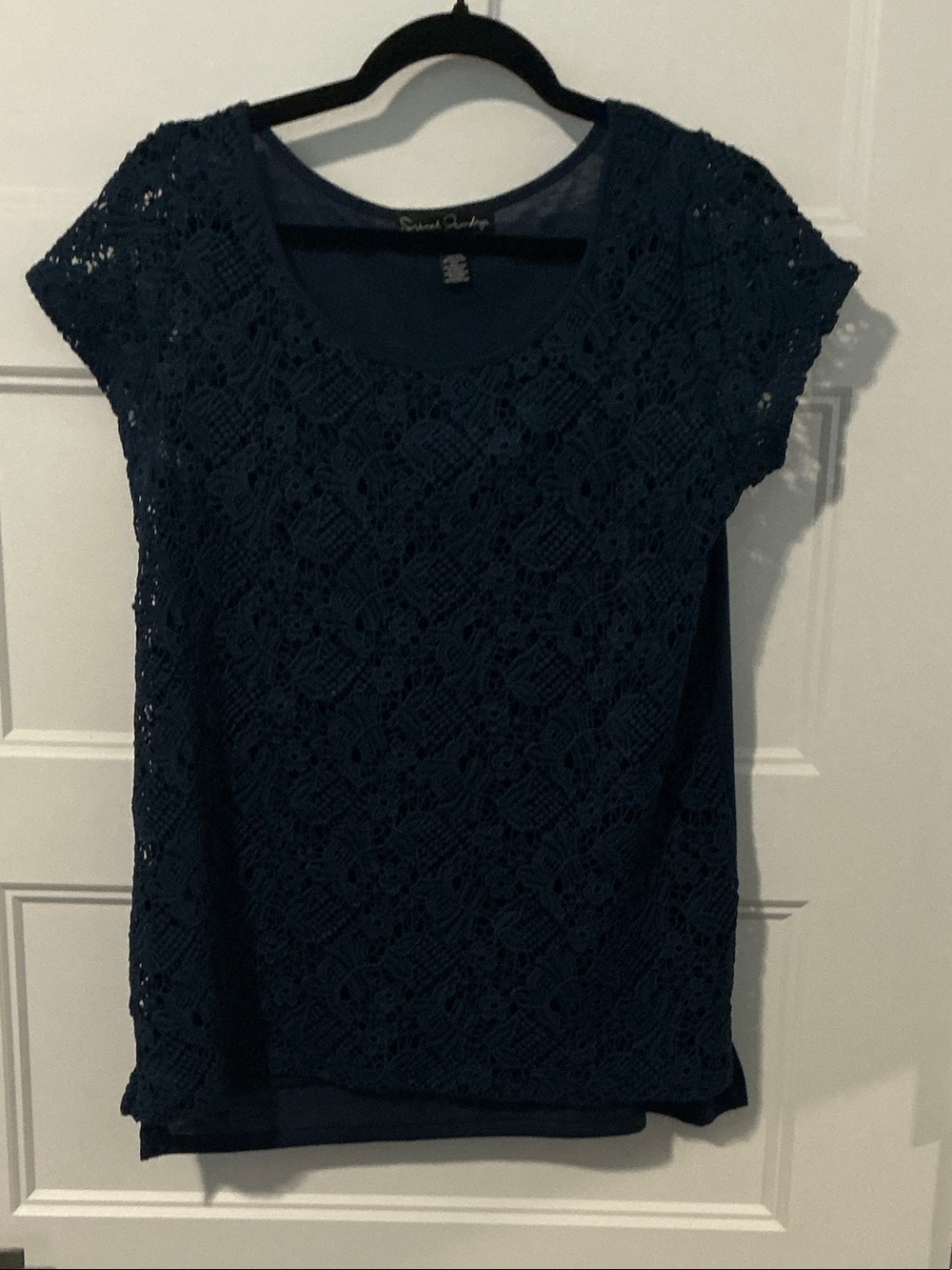 French Laundry Navy Crochet Short Sleeve Tee